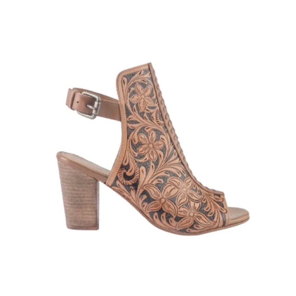 Dodge Town Heel Shoes Tooled Leather Tan Western Women's 6 Sandals Peep Toe